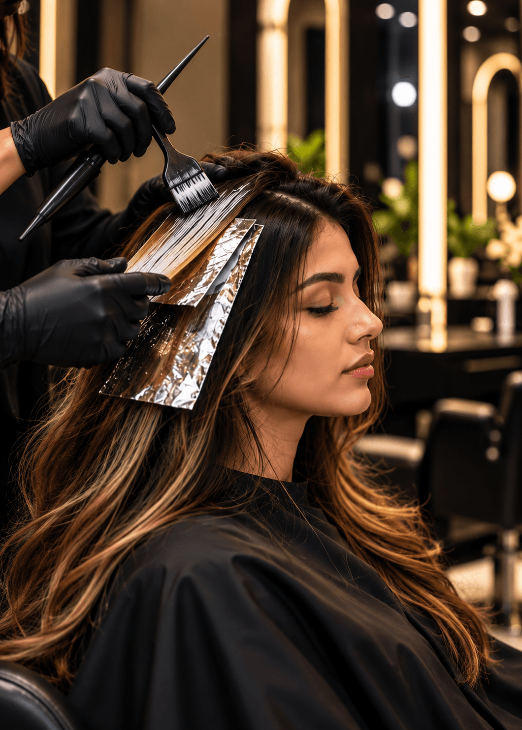 Foil highlights being applied to long hair during a colour service